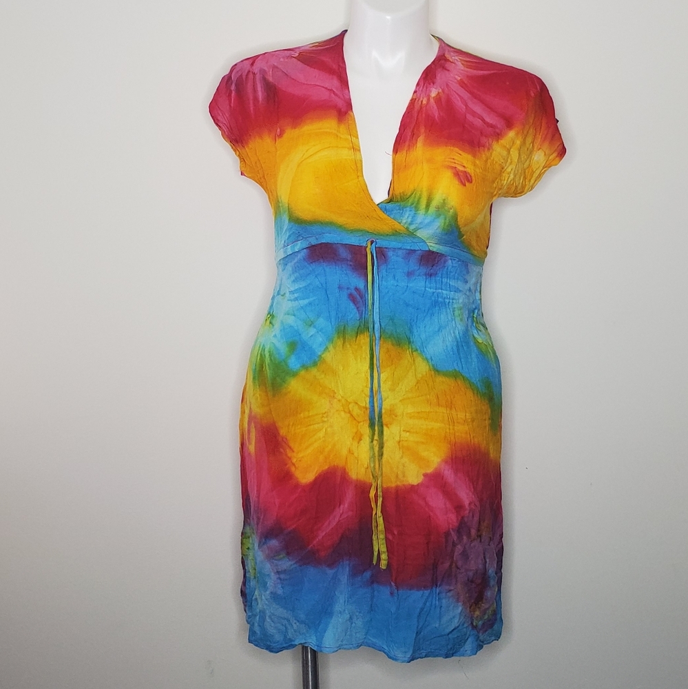 Vintage Rainbow Tie Dye Wrap Top Dress EUC